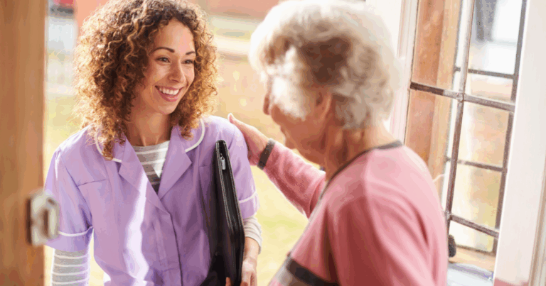 A caregiver enters a senior’s home to provide respite care services