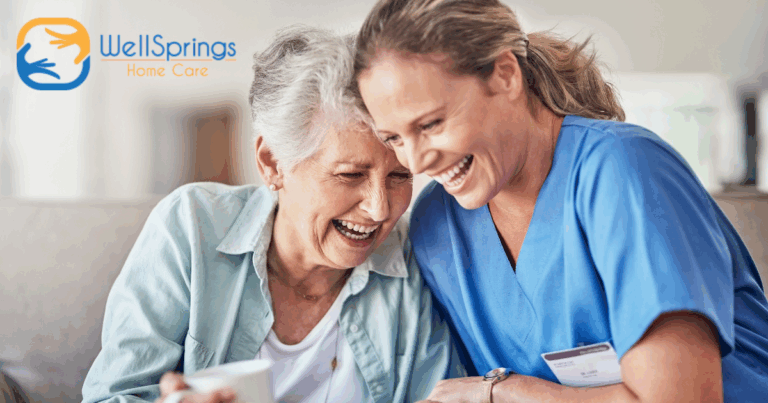 A woman who is providing companion care and her senior client laugh and enjoy their time together