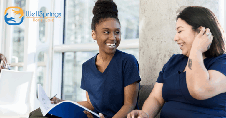 2 women study together to meet the requirements for being a professional caregiver.