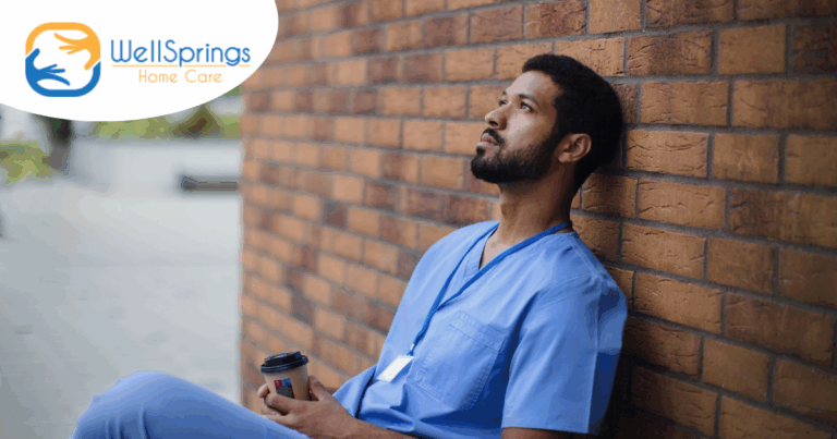 An exhausted professional caregiver takes a break outside.