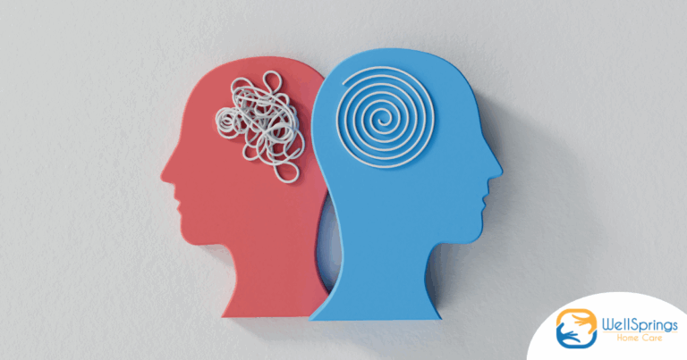 A graphic with a head with jumbled strings and one with organized, spiral strings, representing bad and good brain health.