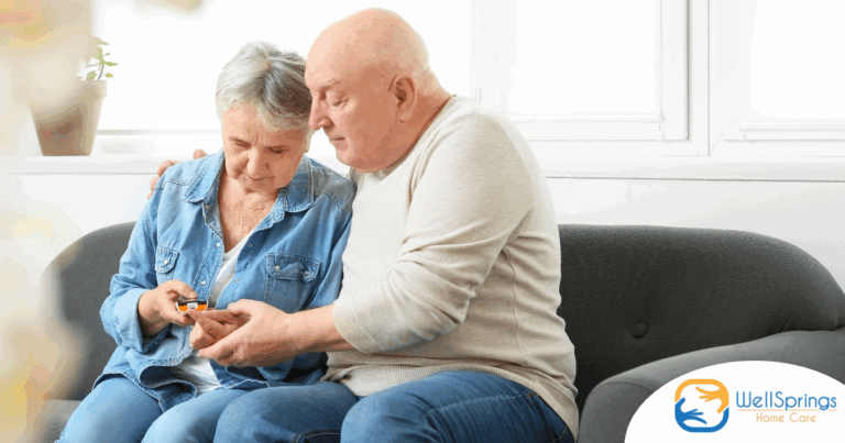 Chronic conditions like diabetes can be easier to manage when supported by others, as shown by this husband who is lovingly helping his wife take her blood sugar.