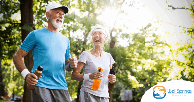 A senior couple enjoys walking outdoors, one of many activities for seniors that can help them stay healthy.