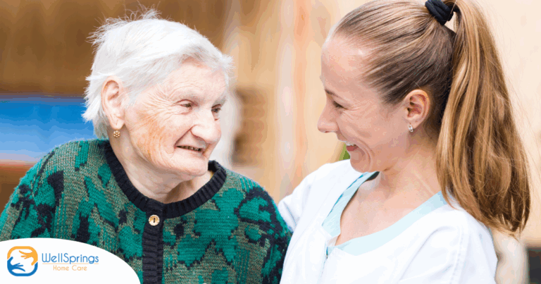 A professional caregiver compassionately hugs a senior client.