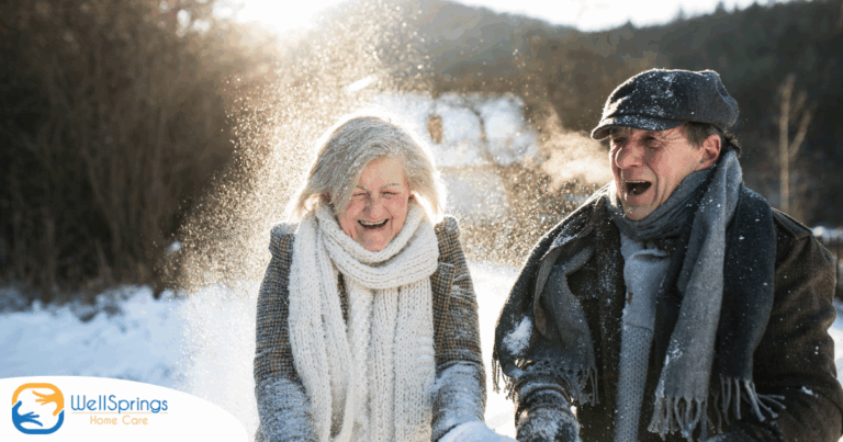 As a result of good winter safety practices, an elderly couple can enjoy time outside in the snow.