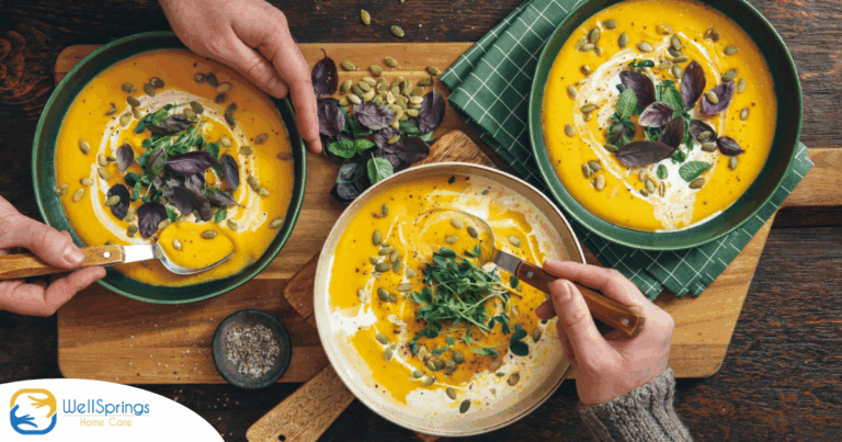 Pumpkin soup like the one in these bowls can be a great choice for a winter food for older adults.
