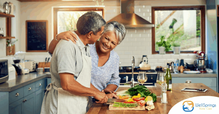 A senior couple enjoys cooking a healthy meal together, representing National Nutrition Month.