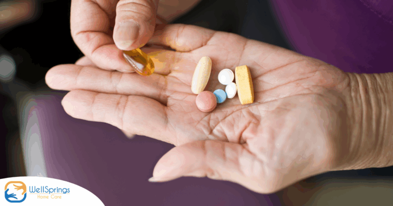A woman holds pills in her hand, representing medication management.